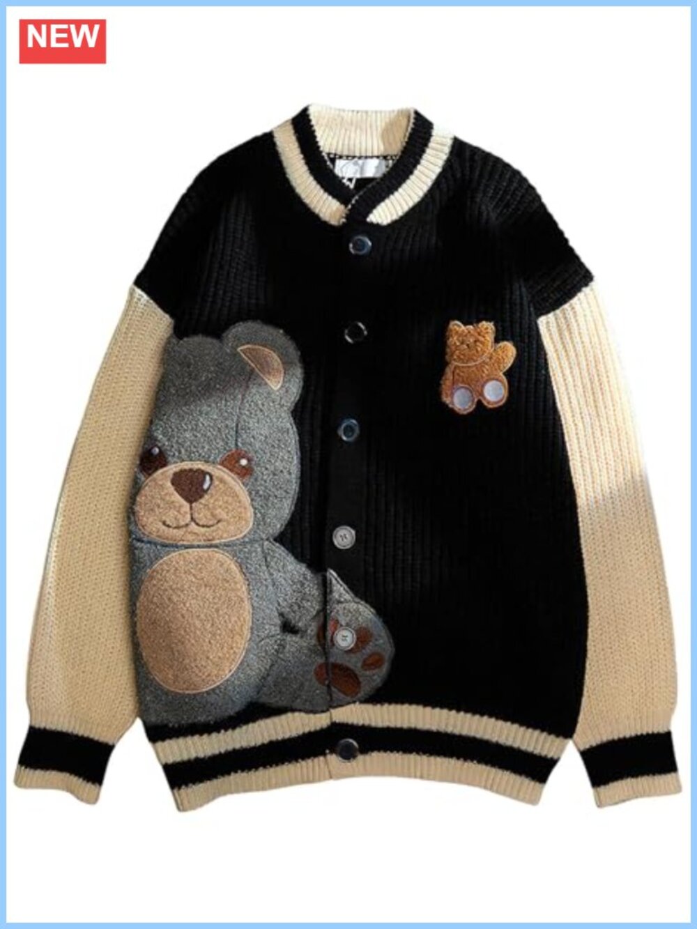 Womens Bear Embroidery Knit Cardigan Button Down Long Sleeve Varsity Sweater